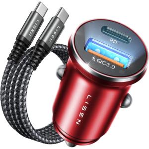 image48W USB C Car Fast Charger Adapter with 60W 33ft Nylon Braided Type C Cable LISEN Compact Cigarette Lighter All Metal USB Charger PDampampQC30 Dual Port for Samsung S22PixelAndroidiPadRed