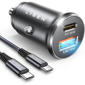 image48W USB C Car Fast Charger Adapter with 60W 33ft Nylon Braided Type C Cable LISEN Compact Cigarette Lighter All Metal USB Charger PDampampQC30 Dual Port for Samsung S22PixelAndroidiPadBLACK