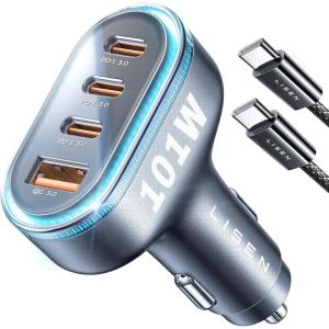 imageLISEN 101W USB C Car Charger 4 Port Super Fast Charging Car Charger Adapter PD30 ampamp QC30 Cigarette Lighter Car USB Charger Multi Port with CableCompatible with iPhone 15 Pro Max 14 Samsung S24 iPad