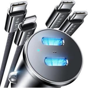 imageLISEN 90W USB C Car Charger Fast Charging Dual USB C Port PD 45W Cigarette Lighter Adapter USB C Car Charger iPhone Super Fast Car Charger USB C with USB C ampamp Lightning Cable for iPhone 16Black