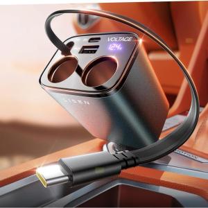imageLISEN Car Cigarette Lighter Splitter Metal 90W Dual Cigarette Lighter Adapter Metal with PD30W Retractable Car Charger LED Voltage12V24V Car Charger Splitter for iPhone 16 GPS DashCamDark Grey