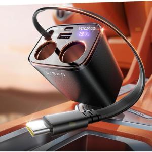 imageLISEN Car Cigarette Lighter Splitter Metal 90W Dual Cigarette Lighter Adapter Metal with PD30W Retractable Car Charger LED Voltage12V24V Car Charger Splitter for iPhone 16 GPS DashCamBlack