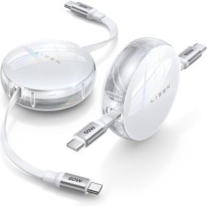 imageLISEN Retractable Type C Cable 2 Pack 60W3A Retractable USB C to USB C Heavy Duty Type C Cable Fast Charge USB C Cable for iPhone 15 Pro Max Charger Cord for iPad ProMacBookSamsung White