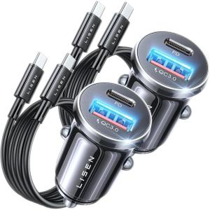 imageLISEN Super Fast iPhone 16 Car Charger USB C 99 Alloy  Turbo Cables2 Pack 54W iPhone 15 Type C Car Charger Fast Charging Cigarette Lighter Adapter for iPhone 16e Pro Max Plus15Samsung S25 UltraBlack