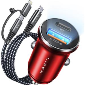 imageLISEN USB C Car Charger USB Adapter Mini ampamp Metal iPhone 16 Car Charger Fast Charging PD 30 Cigarette Lighter Adapter USBC for iPhone 16 Pro Max Plus 15 14 13 BlackRed