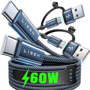 imageLISEN USBC to USBC Cable 3Pack 33ft33ft66ft 60W Fast Charging USB A to USB C Cable for iPhone 15 CarPlay Cable Braided TypeC Charger Cable for iPad Pro Samsung S24 Ultra Android MacBookMidnight