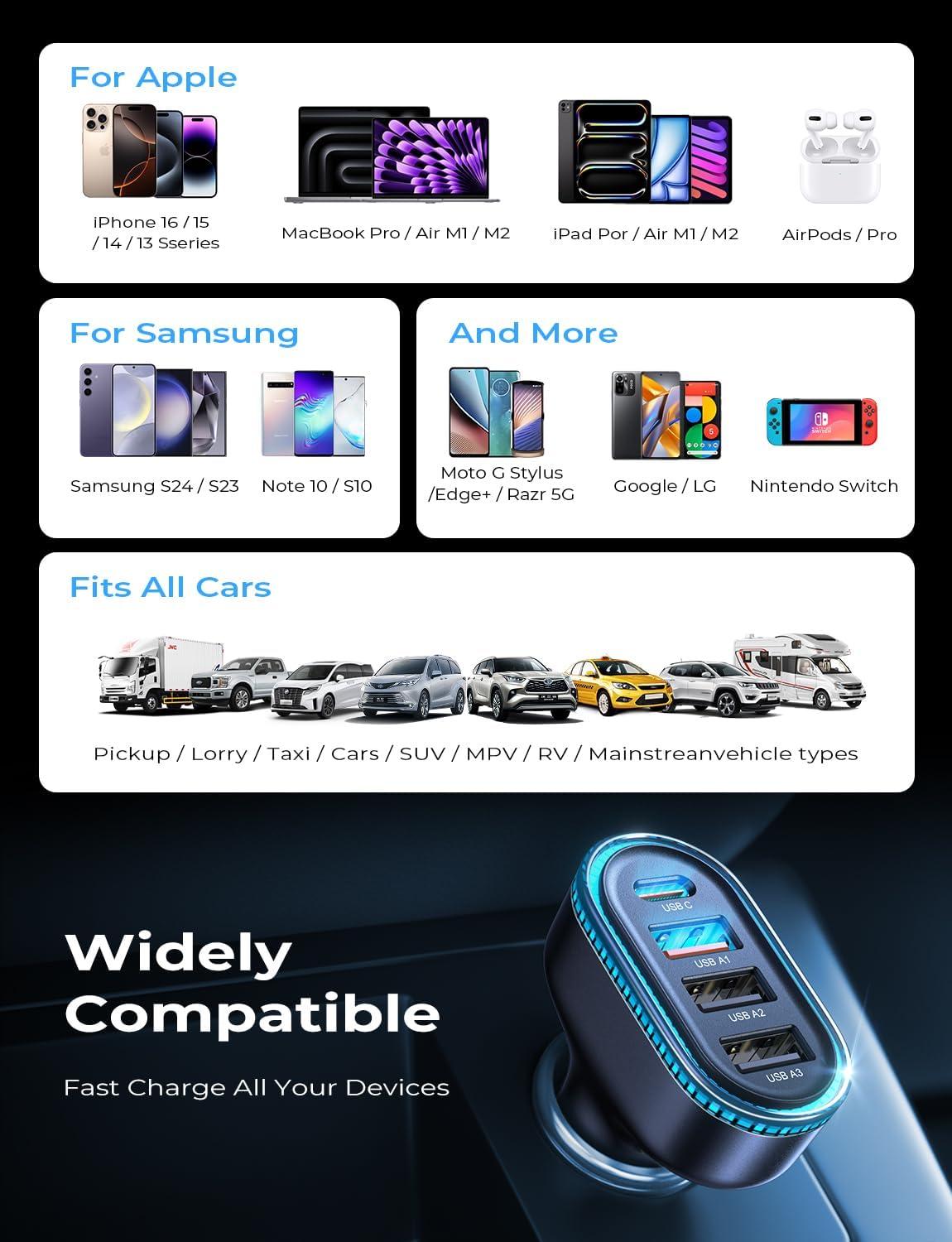 imageLISEN 60W USB C Car ChargerTravel Essentials 4Port Super Fast Charging Type C Car Charger for Multiple Devices Cigarette Lighter Adapter for iPhone 1616e15 Pro Max Samsung S25S24 PiexlUAVBlack