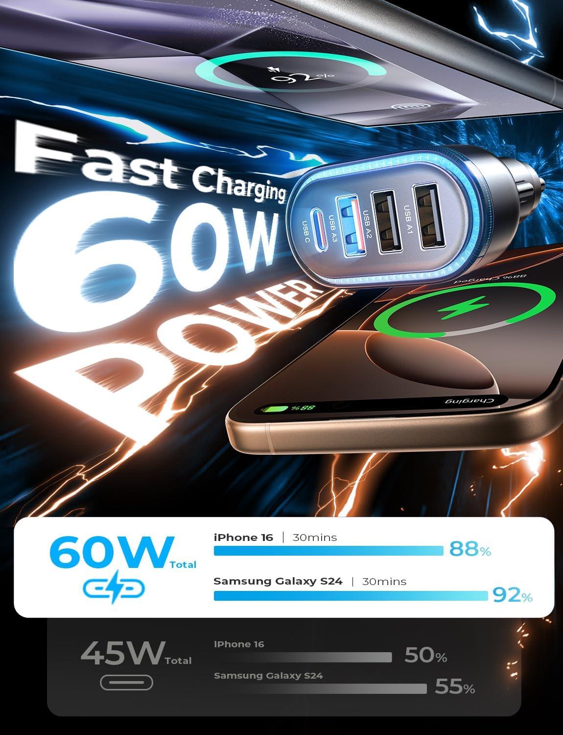 imageLISEN 60W USB C Car ChargerTravel Essentials 4Port Super Fast Charging Type C Car Charger for Multiple Devices Cigarette Lighter Adapter for iPhone 1616e15 Pro Max Samsung S25S24 PiexlUAVBlack