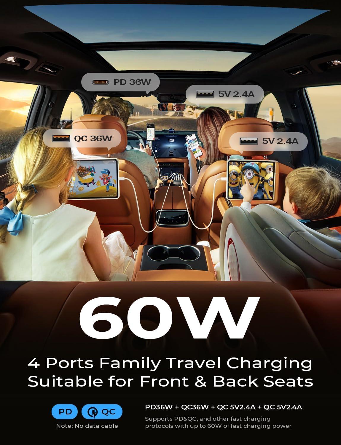 imageLISEN 60W USB C Car ChargerTravel Essentials 4Port Super Fast Charging Type C Car Charger for Multiple Devices Cigarette Lighter Adapter for iPhone 1616e15 Pro Max Samsung S25S24 PiexlUAVBlack