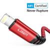 imageLISEN iPhone Charger Cable USB A to Lightning CableSturdy Nylon Braided Fast Charging Cord Compatible with iPhone 11ProXXs MaxXR8 Plus 7 Plus6 iPad66FTRedRed