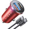 imageLISEN USB C Car Charger Fast Charging Dual Port PD 65W Car Charger USB C Super Fast Cigarette Lighter Adapter All Metal Fast Car Charger for iPhone 16 Pro Max 15 14 iPad Samsung Galaxy BlackRED