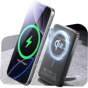 imageLISEN 45W Total Qi2 MagSafe Power Bank 10000mAh Super Fast Charging  Soft Touch Silicone with Metal Foldable Stand for iPhone 1615141312 Samsung Galaxy S25 S24 with MagSafe CasesBlack