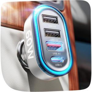 imageLISEN 60W USB C Car ChargerTravel Essentials 4Port Super Fast Charging Type C Car Charger for Multiple Devices Cigarette Lighter Adapter for iPhone 1616e15 Pro Max Samsung S25S24 PiexlUAVsilver