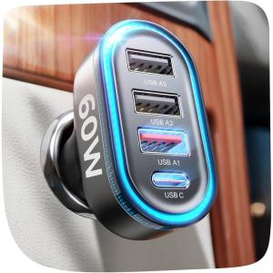 imageLISEN 60W USB C Car ChargerTravel Essentials 4Port Super Fast Charging Type C Car Charger for Multiple Devices Cigarette Lighter Adapter for iPhone 1616e15 Pro Max Samsung S25S24 PiexlUAVBlack