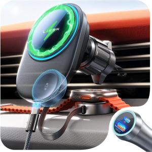 imageLISEN MagSafe Car Mount Charger for Apple Watch 18W Retractable Car Charger Includes 48W Charging Adapter ampamp 60W USB C Cable Fit iPhone 161514 Apple Watch Series 109876543SEUltra