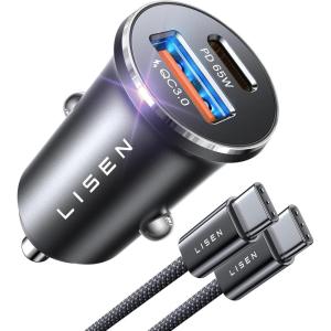 imageLISEN USB C Car Charger Fast Charging Dual Port PD 65W Car Charger USB C Super Fast Cigarette Lighter Adapter All Metal Fast Car Charger for iPhone 16 Pro Max 15 14 iPad Samsung Galaxy BlackBlack