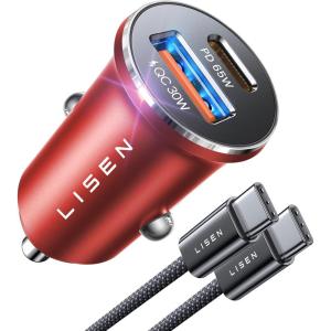imageLISEN USB C Car Charger Fast Charging Dual Port PD 65W Car Charger USB C Super Fast Cigarette Lighter Adapter All Metal Fast Car Charger for iPhone 16 Pro Max 15 14 iPad Samsung Galaxy BlackRED