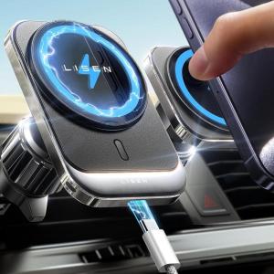 imageLISEN for MagSafe Car Mount Charger for iPhone 16 15W Wireless Universal Vent Charger for iPhone 16 Car Accessories Magnetic Phone Holder Mount Fits iPhone 16 15 Pro MaxBlack