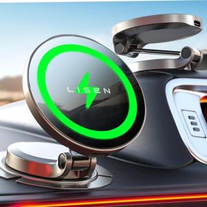 imageLISEN Magsafe Car Mount Charger  Qi2 Certified 15W Wireless Foldable Ultra Magnetic Supports iPhone 16 Pro Max 15 14 13