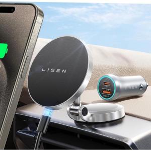imageLISEN for Magsafe Car Mount Charger Upgrade Set 360 Rotation Wireless Magsafe Car Charger Foldable Car Phone Holder Dashboard fit iPhone 16 Pro Max Plus 15 14 13 12 Samsung with MagSafe Case