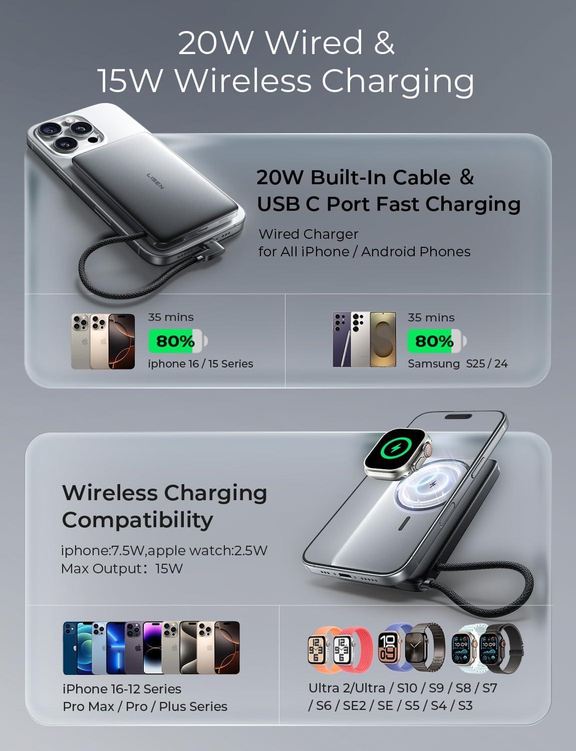 imageLISEN CardMag Magnetic Power Bank for iPhone and Apple WatchAlloy Ultra Slim 10000mAh MagSafe Portable Charger with Built in Cable for iPhone 1615 SeriesMagSafeApple Watch S10S9S8SEGrey