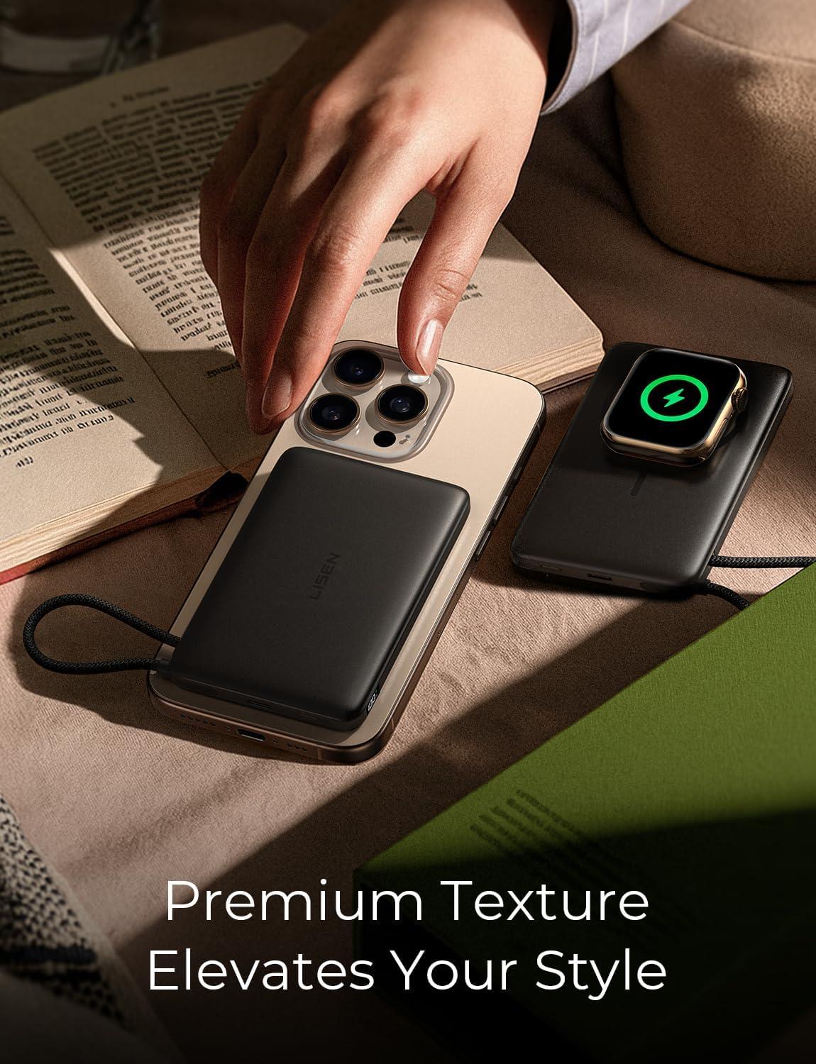 imageLISEN CardMag Magnetic Power Bank for iPhone and Apple WatchAlloy Ultra Slim 10000mAh MagSafe Portable Charger with Built in Cable for iPhone 1615 SeriesMagSafeApple Watch S10S9S8SEBlack