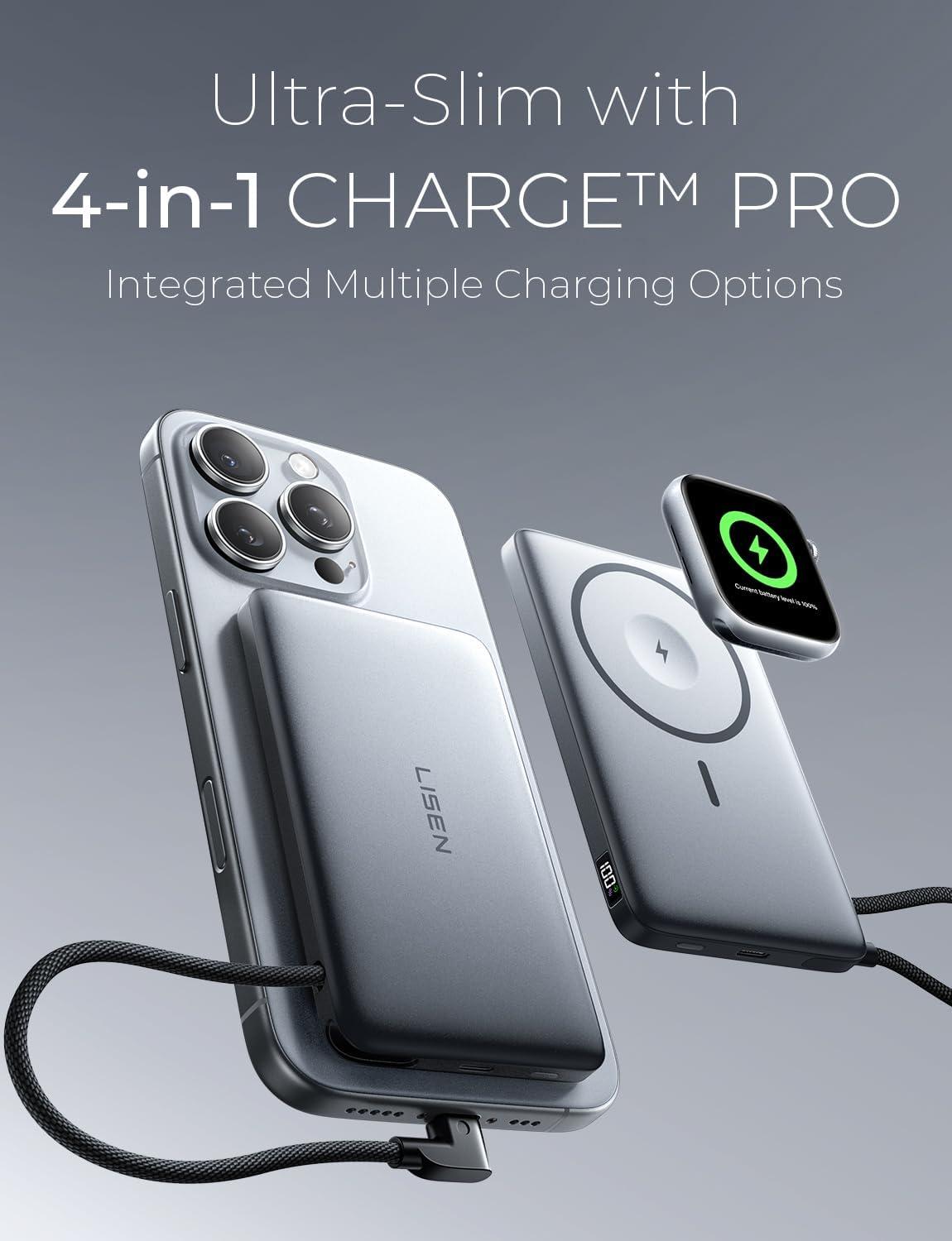 imageLISEN CardMag Magnetic Power Bank for iPhone and Apple WatchAlloy Ultra Slim 10000mAh MagSafe Portable Charger with Built in Cable for iPhone 1615 SeriesMagSafeApple Watch S10S9S8SEGrey