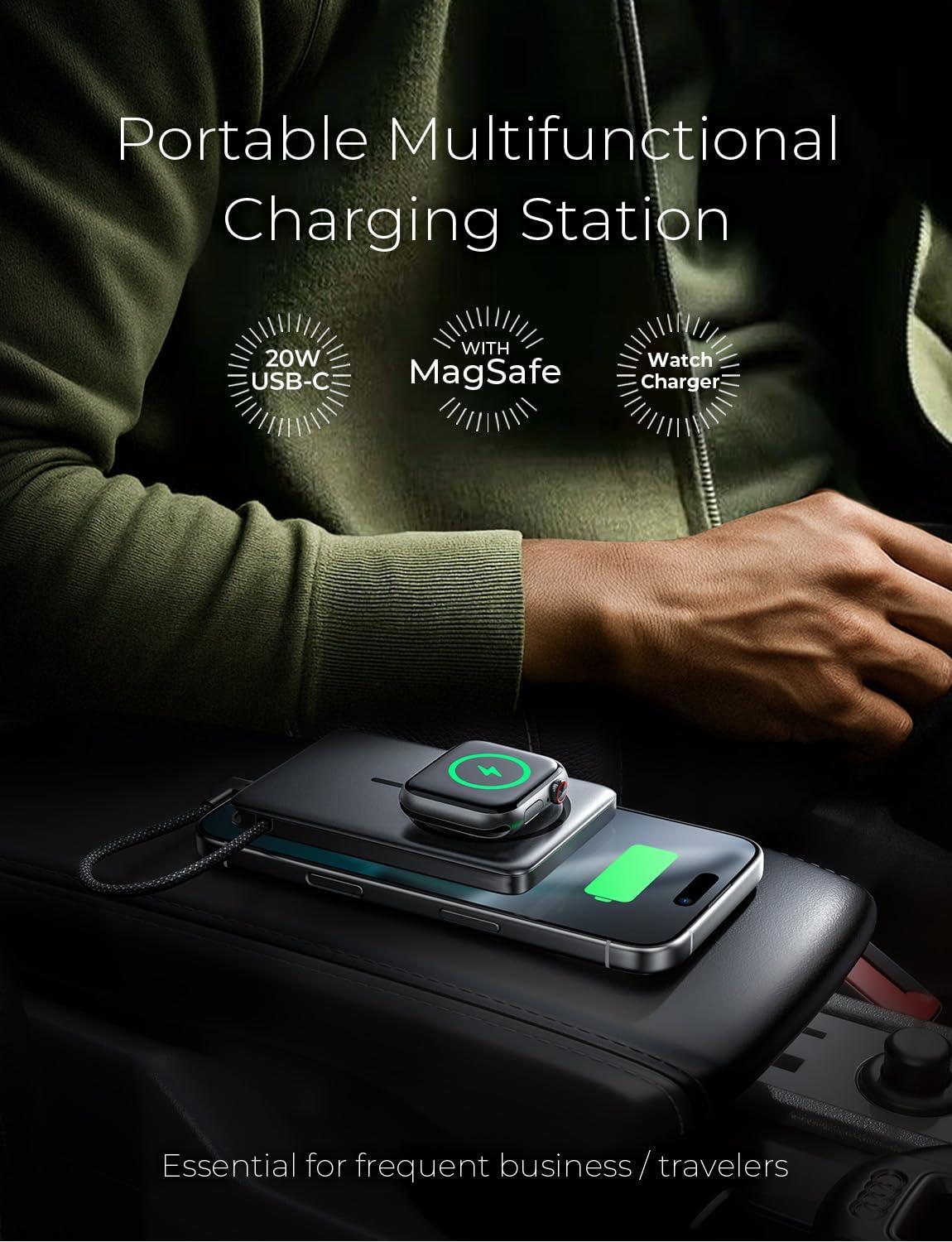 imageLISEN CardMag Magnetic Power Bank for iPhone and Apple WatchAlloy Ultra Slim 10000mAh MagSafe Portable Charger with Built in Cable for iPhone 1615 SeriesMagSafeApple Watch S10S9S8SEGrey