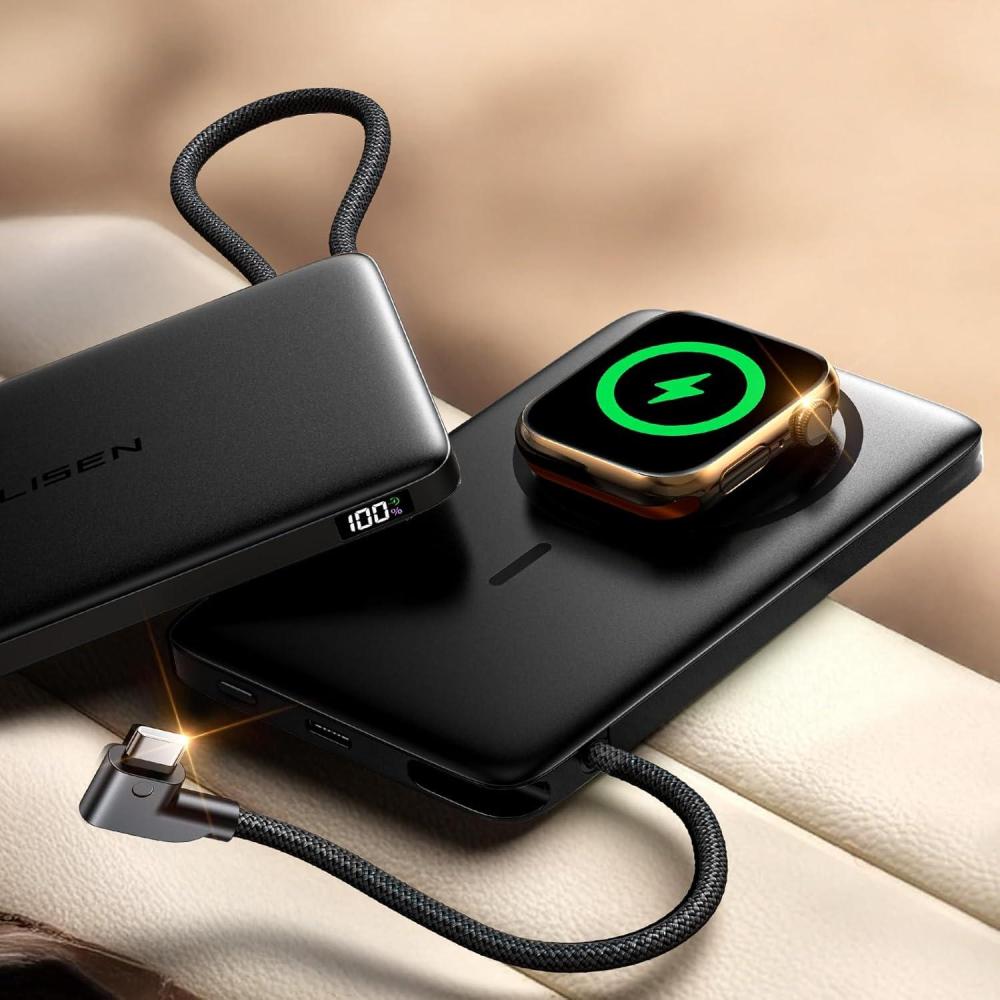 imageLISEN CardMag Magnetic Power Bank for iPhone and Apple WatchAlloy Ultra Slim 10000mAh MagSafe Portable Charger with Built in Cable for iPhone 1615 SeriesMagSafeApple Watch S10S9S8SEBlack
