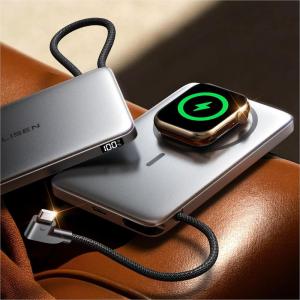 imageLISEN CardMag Magnetic Power Bank for iPhone and Apple WatchAlloy Ultra Slim 10000mAh MagSafe Portable Charger with Built in Cable for iPhone 1615 SeriesMagSafeApple Watch S10S9S8SEGrey