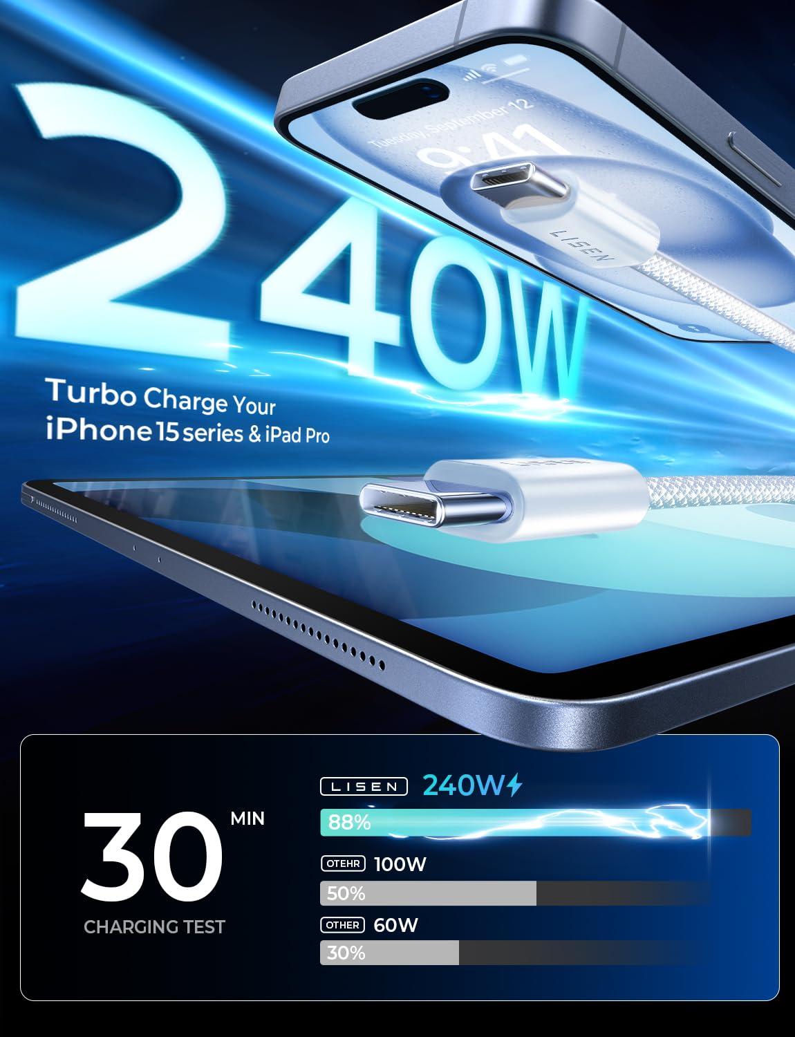 imageLISEN 240W for Apple USB C to USB C Charging Cable 4Packs 66666666FT Computer Security Cables for Woven Charge Cable Type C for Apple Devices iPhone 17 Air 16 Pro Max iPad MacBook Pro M5White