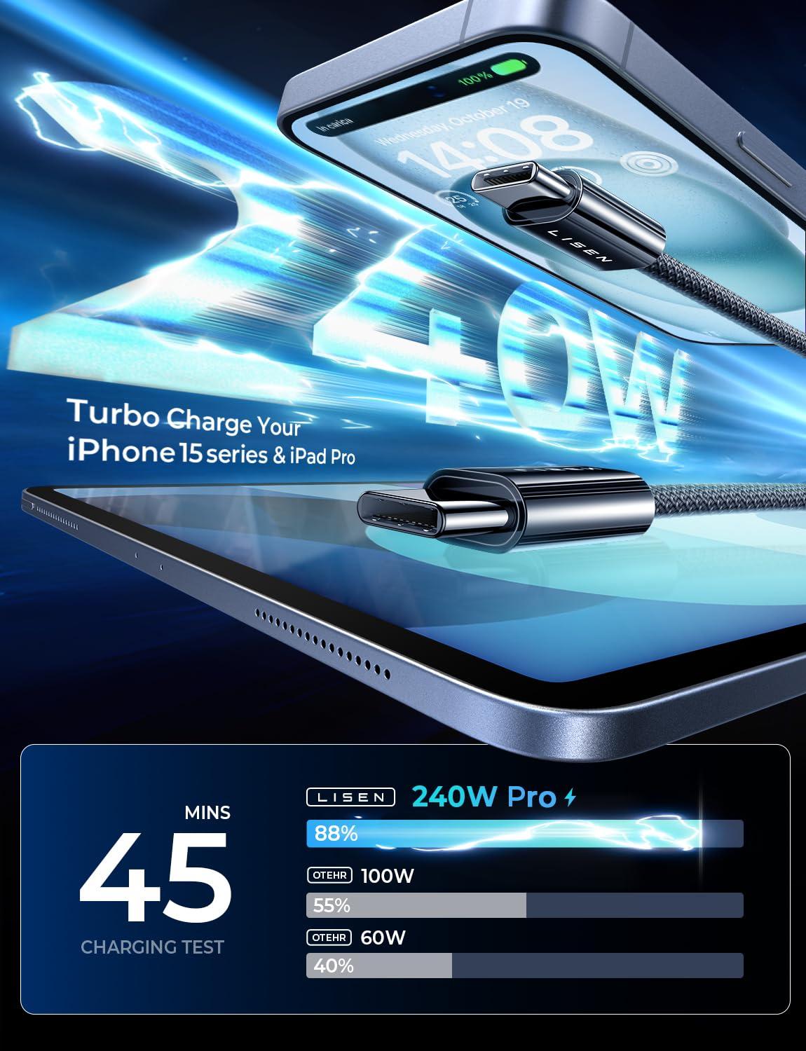 imageLISEN 240W for Apple USB C to USB C Charging Cable 4Packs 66666666FT Computer Security Cables for Woven Charge Cable Type C for Apple Devices iPhone 17 Air 16 Pro Max iPad MacBook Pro M5Black